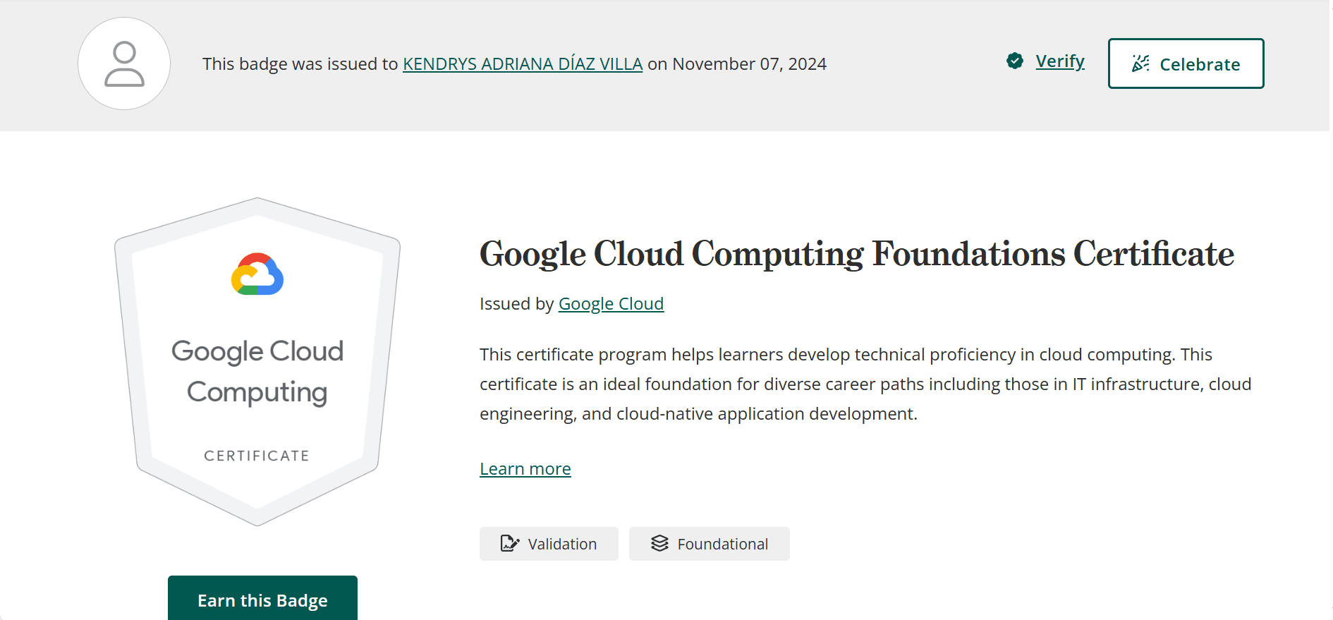 Certificado de Google Cloud Computing Foundations Certificate