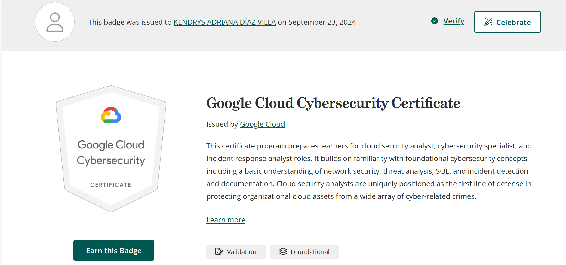 Certificado de Google Cloud Cybersecurity Certificate